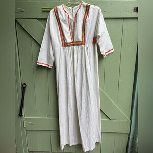 Vintage 70s Cotton White Maxi Dress with Colorful Rickrack M/L